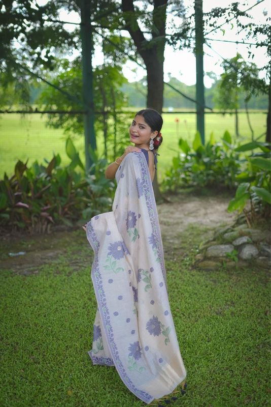 Rich Looks Floral Printed Off White Color Muga Cotton Saree For Sophisticated Looks