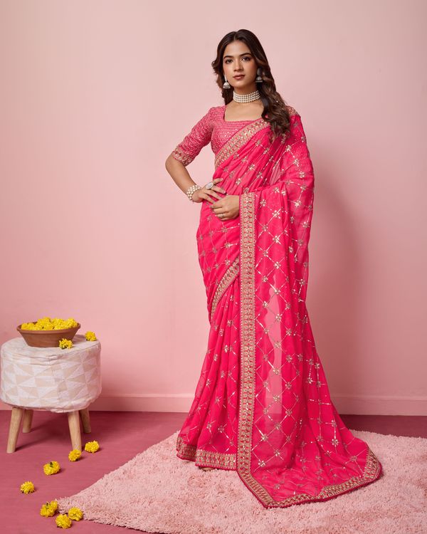 Pink Designer Coding & Sequance Embroidery Work Georgette Saree