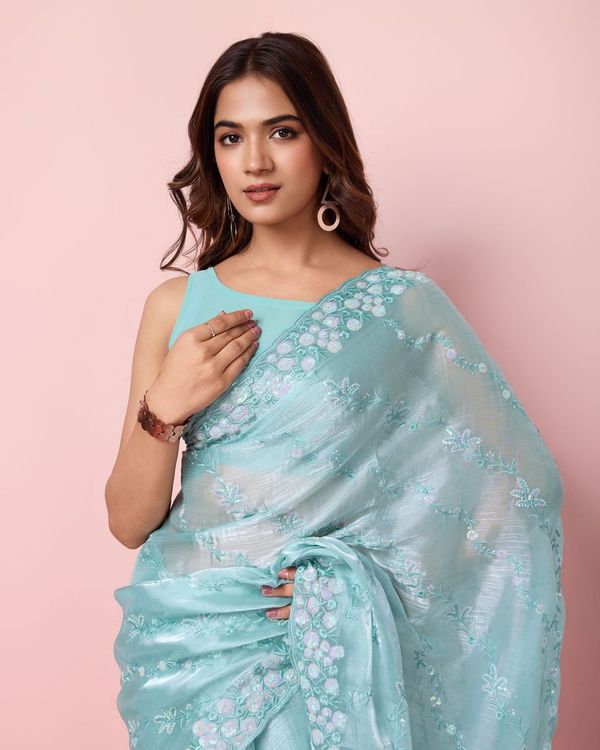 Blue Designer Sequance Embroidery Work Burberry Silk Saree