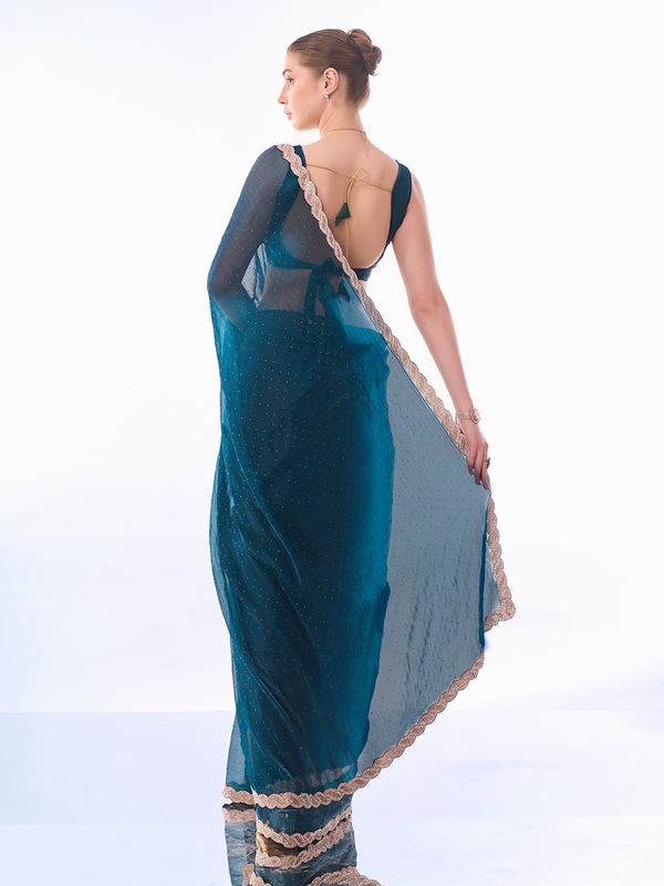 Teal Blue Designer Work Lace Border & Swarovski Work Burburry Saree