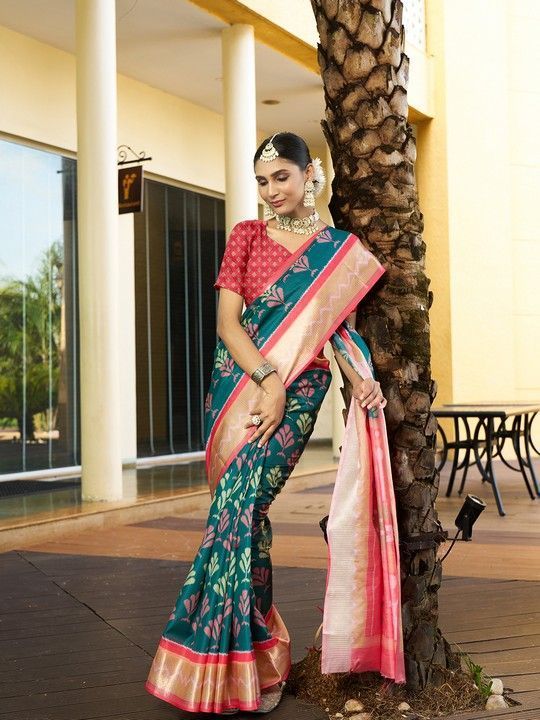 Green Crepe Digital Print Saree With Tassels on Pallu and Stitched Red Blouse