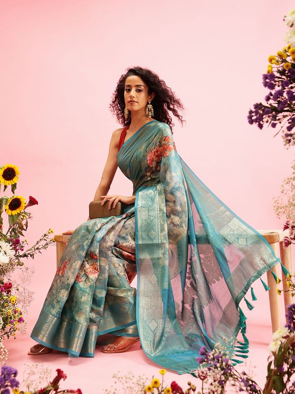 Teal Digital Printed Banarasi Cotton Zari Woven Saree