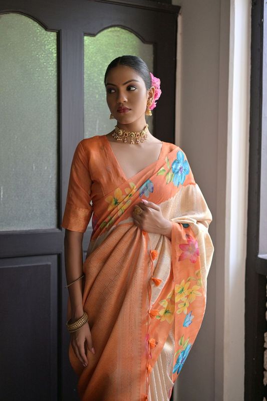 Orange Wevon Jari Designer & Printed Soft Silk Saree