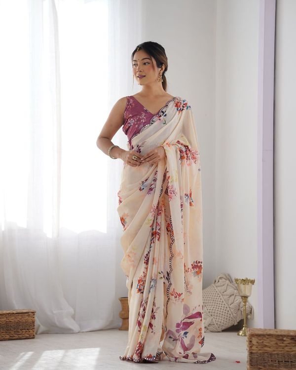 Peach Designer Digital Printed & Mirror Cut Work Chinon Saree