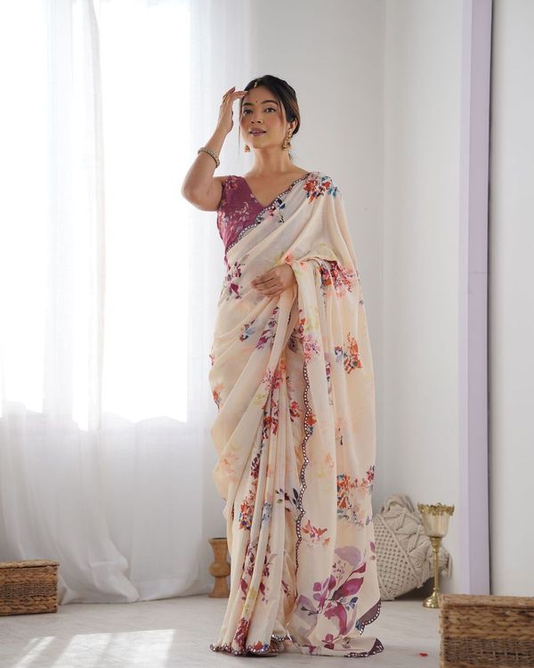 Peach Designer Digital Printed & Mirror Cut Work Chinon Saree