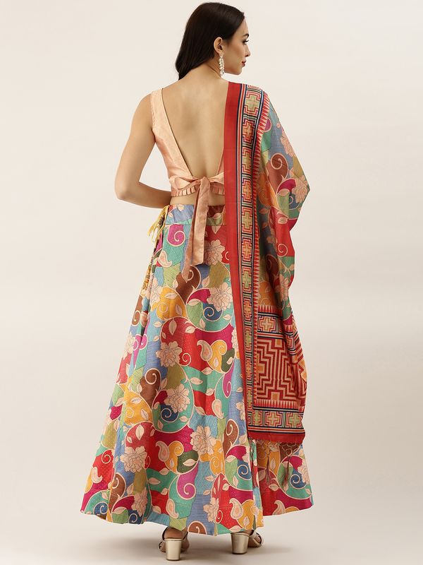 Digital Print Satin Silk Fabric Stitched Lehenga Choli With Jequared Blouse and Assami Silk Thread Work Dupatta For Women and Girls In Festive Party And Traditional Wear