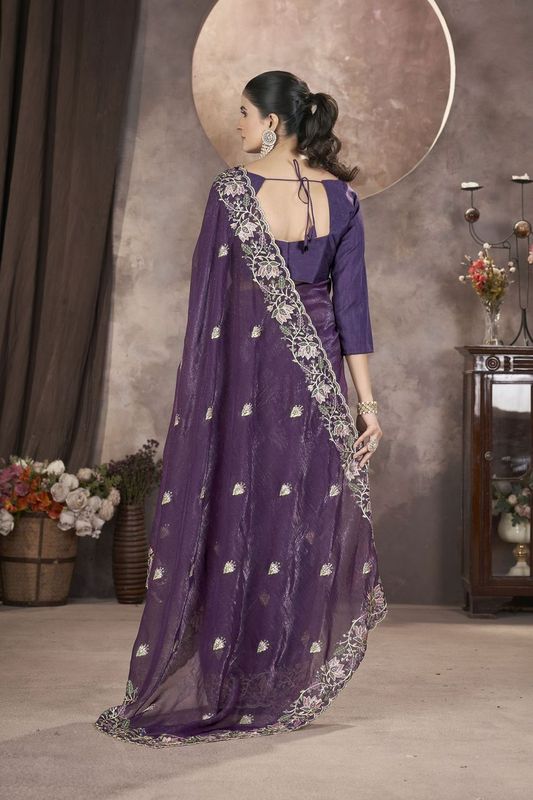 Purple Multy Thread & Sequance Embroidery Cut Work Gold Crunchy Saree