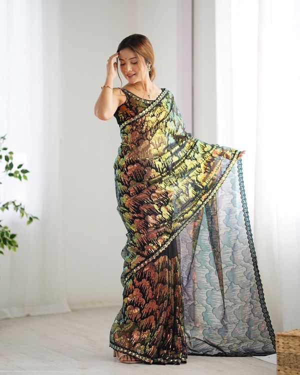 Black Color Mono Net Beautiful Bollywood Saree With Designer Sequins Work