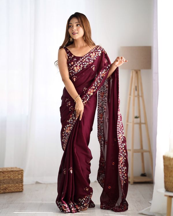 Wine Multy Thread & Sequance Embroidery Work Satin Chiffon Saree