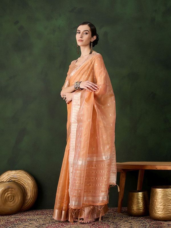 Peach Wevon Jacquard Designer Khadi Organza Saree