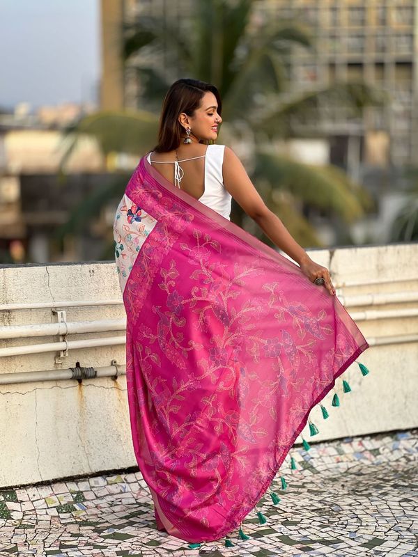 Pink Color Tussar Silk Ethnic Wevon Jari Designer With Kalamkari Printed Saree