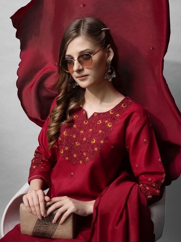Maroon Color Cotton Blend Readymade Dress With Designer Embroidery Work
