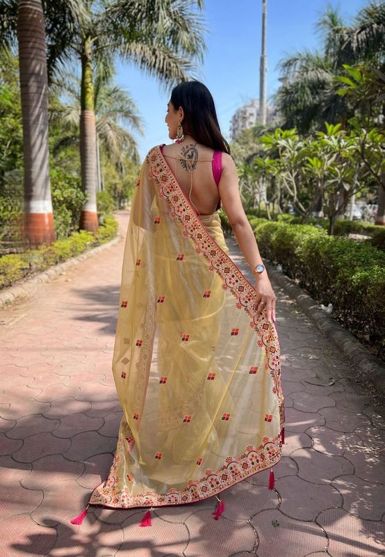 Yellow Multy Thread & Jari Embroidery Work Silver Tissue Silk Saree