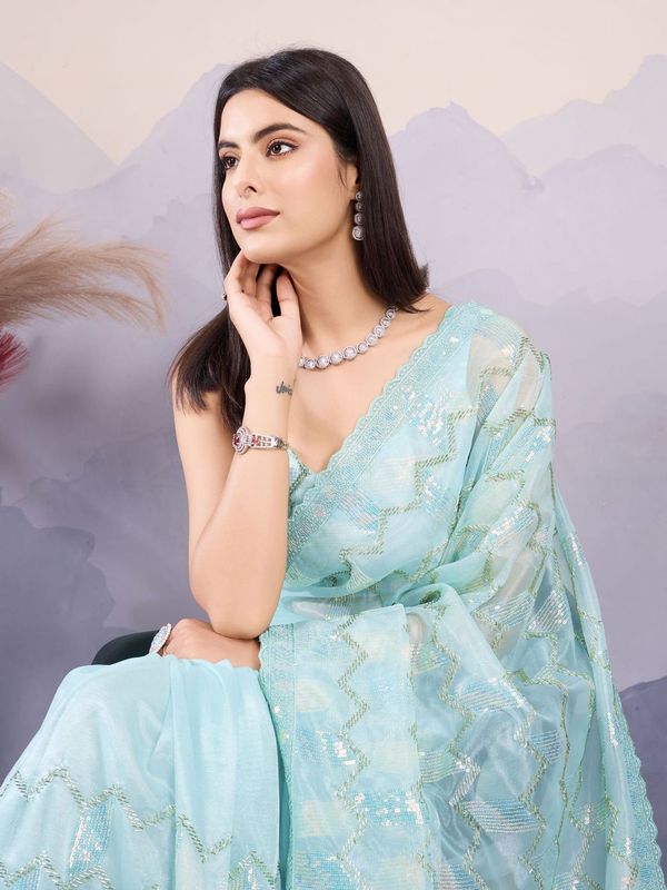 Sea Green Designer Sequance Embroidery Work Twill Net Saree
