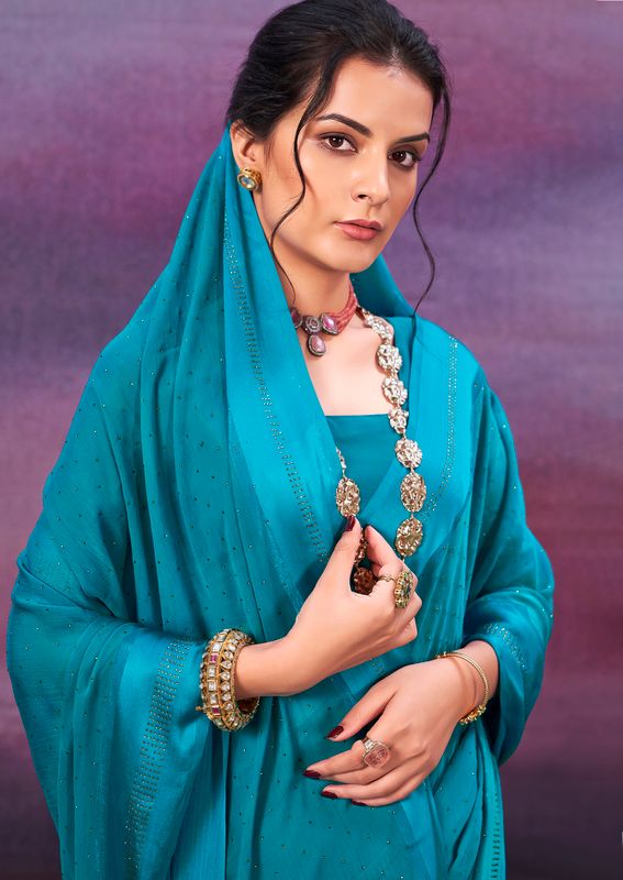 Peacock Blue Wevon Patta Designer With Swarovski Work Chiffon Saree