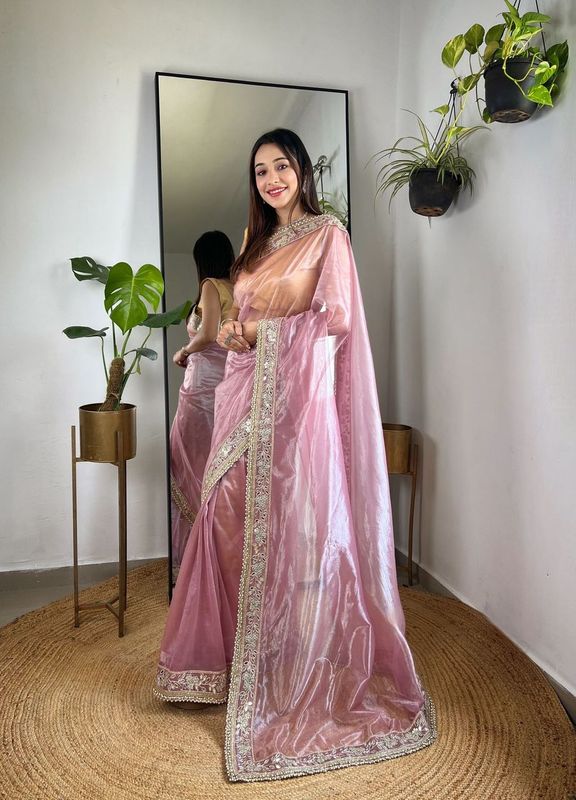 Pink Sequance & Jari Embroidery Work Silver Tissue Silk Saree
