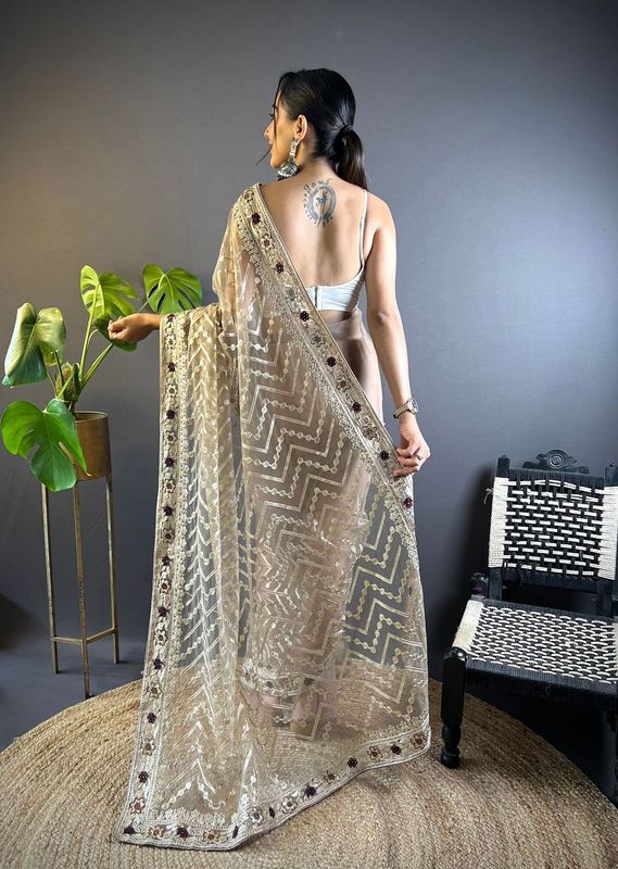 Beige Foil Thread Embroidery & Stone Work Butterfly Net Saree