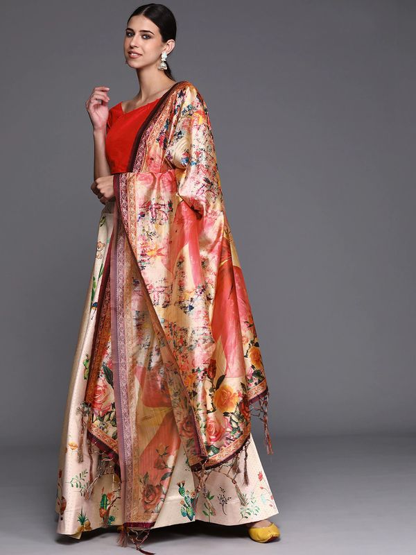 Ajarakh Digital Print Shiney Satin Stitched Lehenga Choli With Unstitched Multi Sequnce Work Blouse and Shiney Silk Dupatta For Women and Girls