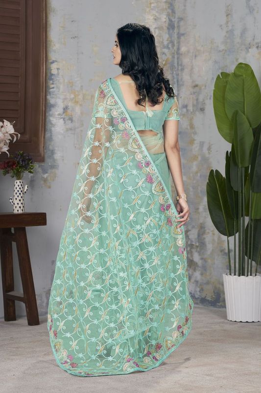 Sea Green Foil Thread & Aari Dori Embroidery Work Butterfly Net Saree