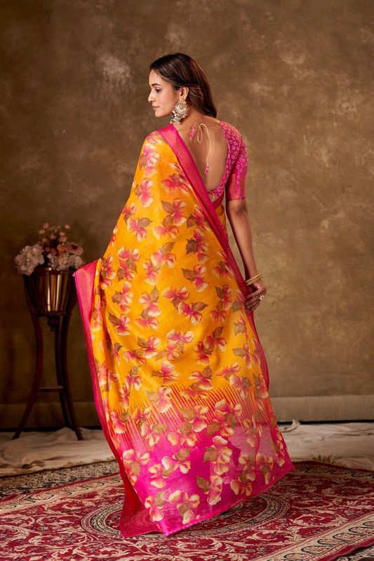 Mustard Cotton Printed Saree and Stitched Pink Blouse