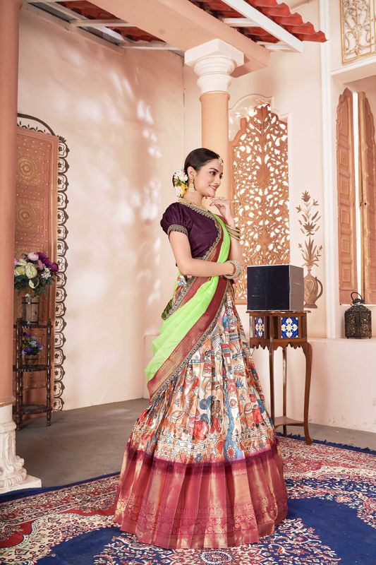 Multi Lichi Silk Printed & Jacquard Work Lehenga