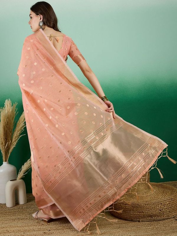 Orange Wevon Jacquard Designer Khadi Organza Saree