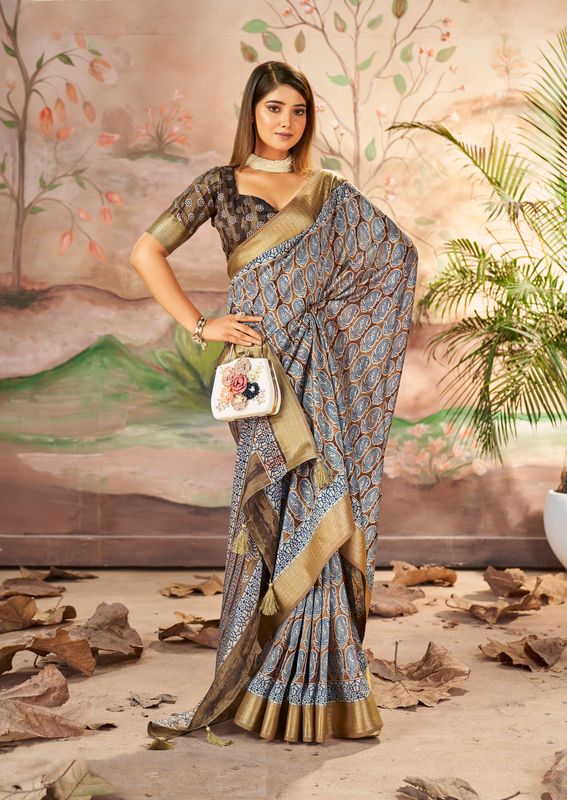 Dull Brown Wevon Border Designer With Printed Dolla Silk Saree
