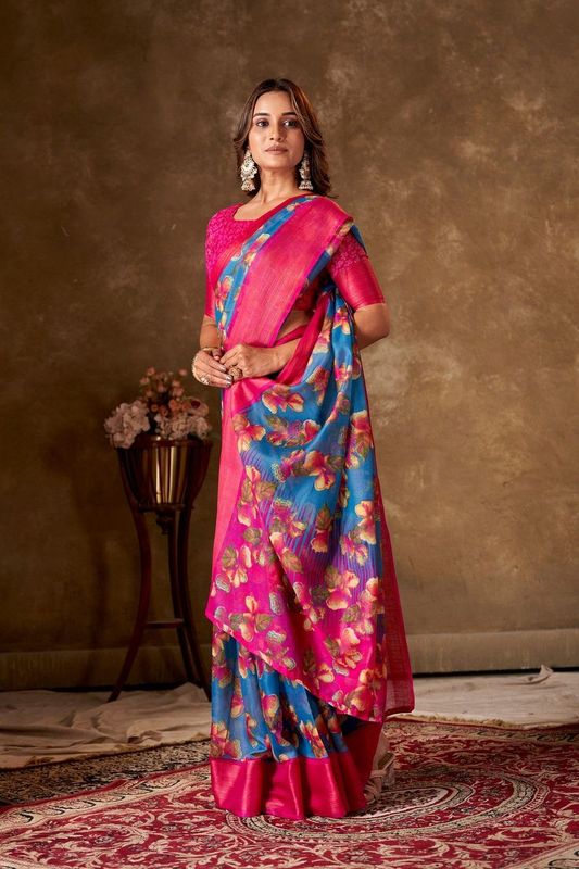 Blue Cotton Printed Saree and Stitched Pink Blouse