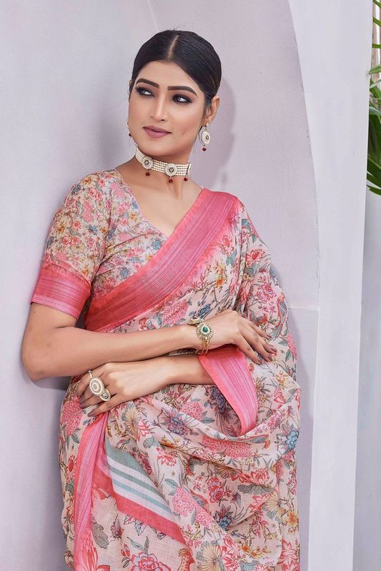 Off White Color Linen Blend Digital Printed Designer For Graceful Festive Looks