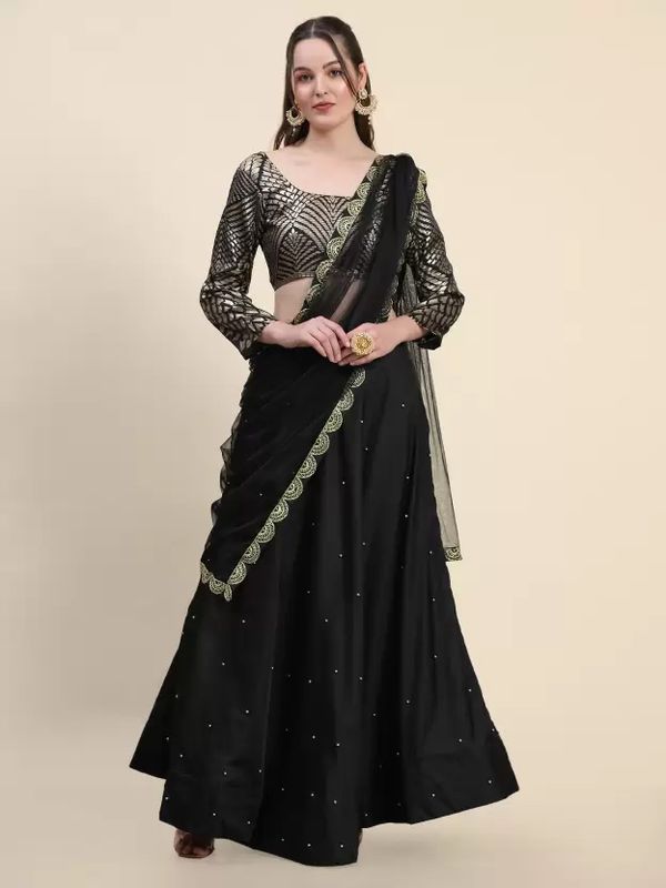 Black Jacquard Plain Lehenga