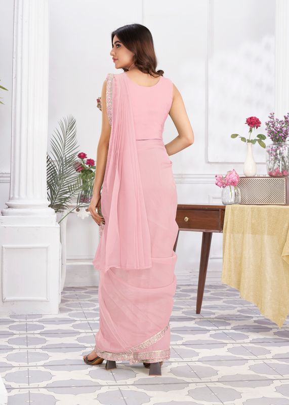 Pink Designer Sequance Embroidery & Hand Work Shimmer Georgette Saree