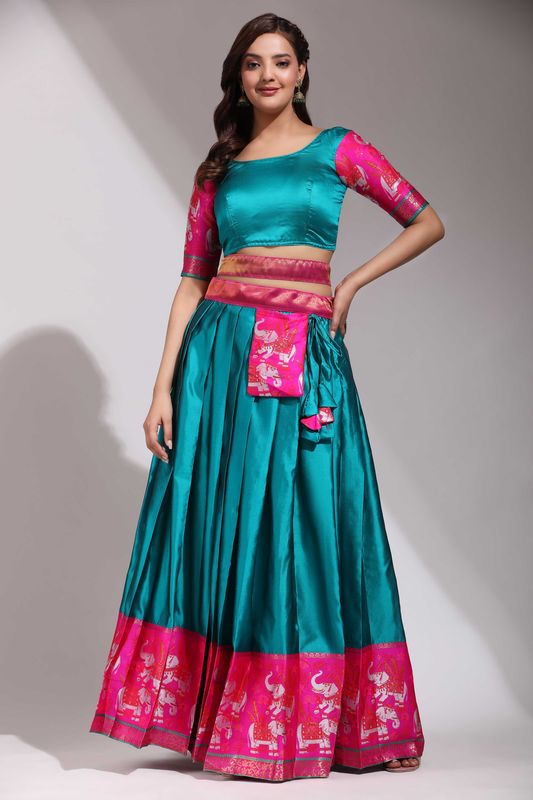 Navy Blue Lichi Silk Jacquard Weaving Work Lehenga