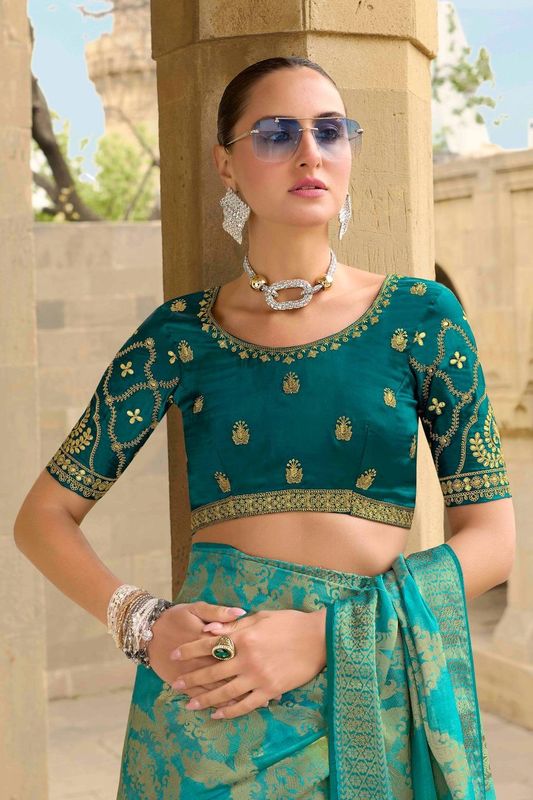 Sea Green Wevon Designer & Embroidery Work Jacquard Silk Saree