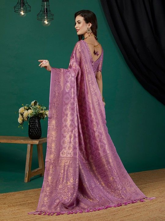 Lavender Kanjeevaram Woven Saree With Tassels on Pallu and Stitched Lavender Blouse