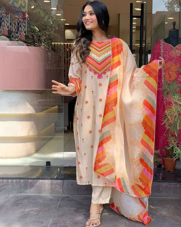 Orange Chanderi Cotton Straight Kurta