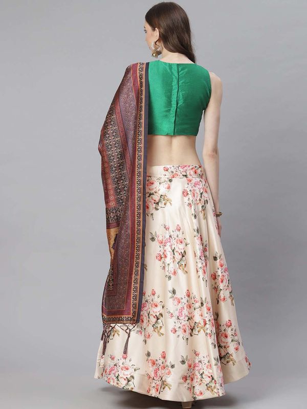 Ethnic Motifs Digital Print Shiney Satin Croptop Lehenga Choli With Blouse For Women and Girls