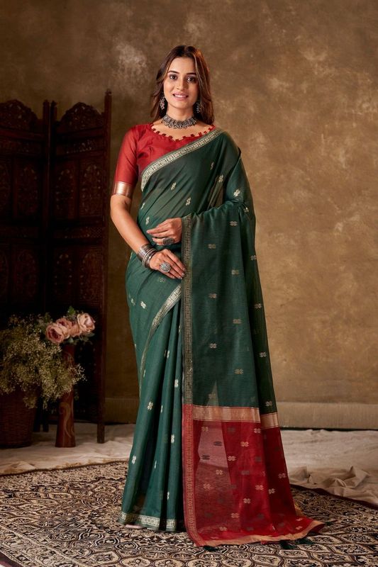 Green Cotton Woven Saree With Tassels on Pallu and Stitched Red Blouse