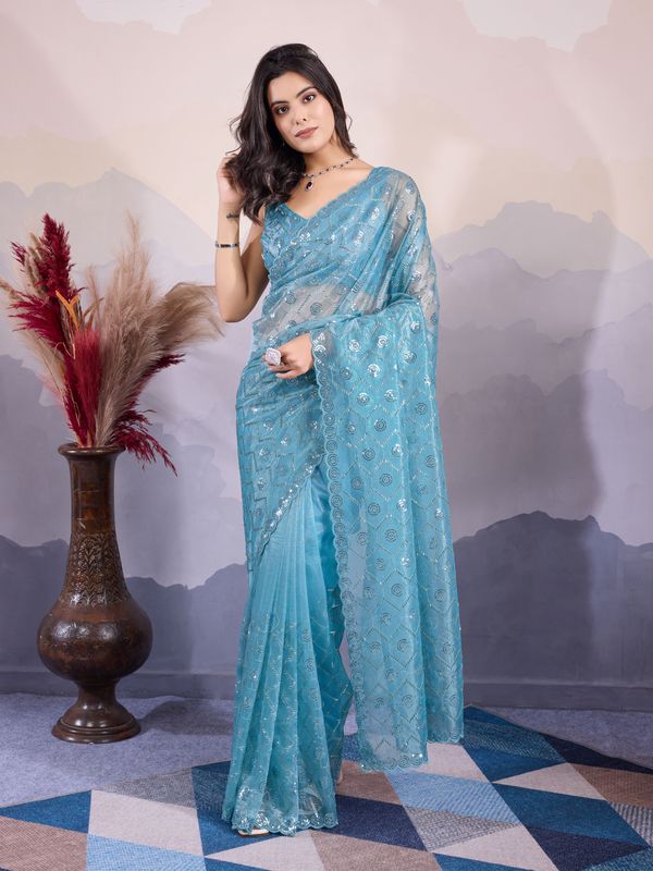 Blue Designer Sequance Embroidery Work Twill Net Saree