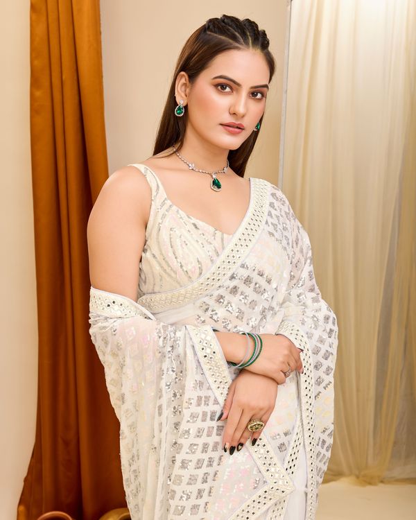 Cream Designer Sequance Embroidery Work Georgette Saree
