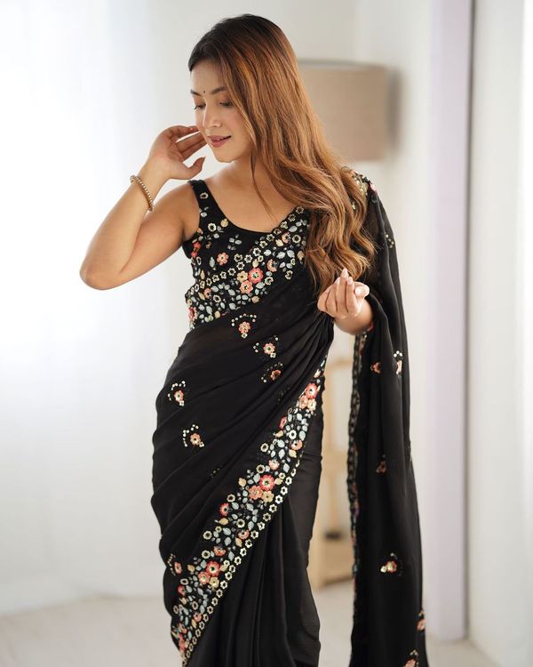 Black Multy Thread & Sequance Embroidery Work Satin Chiffon Saree
