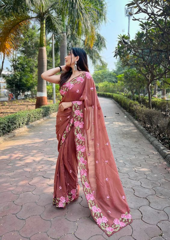 Brown Designer Thread Embroidery Work Organza Saree