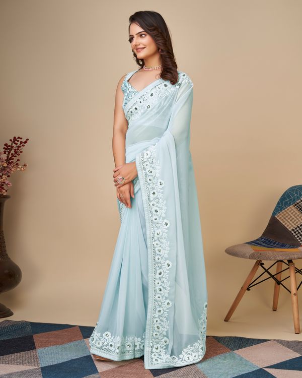 Sky Blue Designer Embroidery Work Georgette Saree