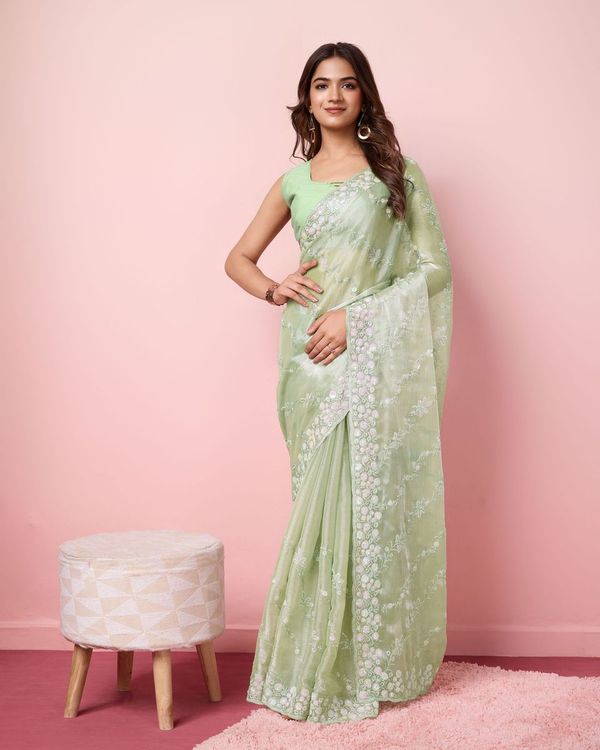 Pista Designer Sequance Embroidery Work Burberry Silk Saree