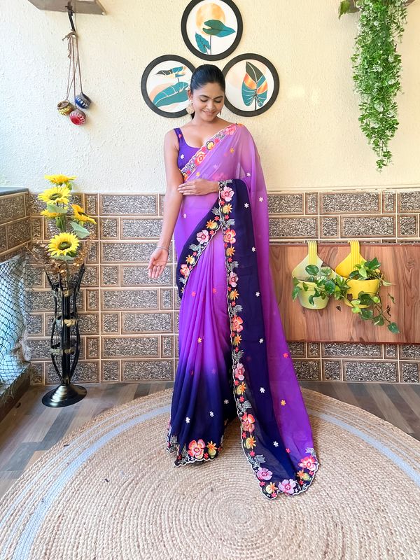 Purple Color With Embroidery Work Georgette Saree