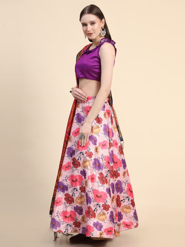 Digital Print Satin Silk Fabric Stitched Lehenga Choli With Jequared Blouse and Assami Silk Thread Work Dupatta For Women and Girls In Festive Party And Traditional Wear