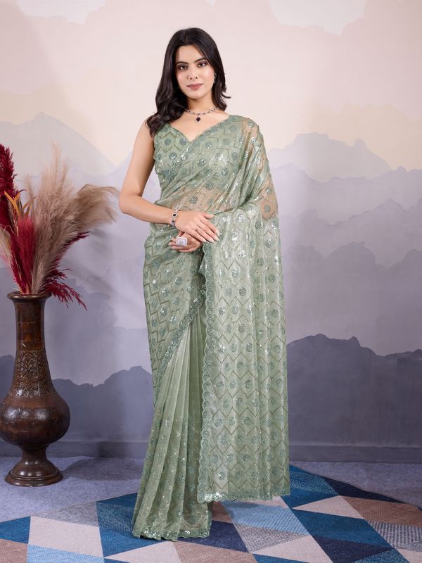 Green Twill Net Designer Sequins Embroidery Work Glamorous Partywear Saree