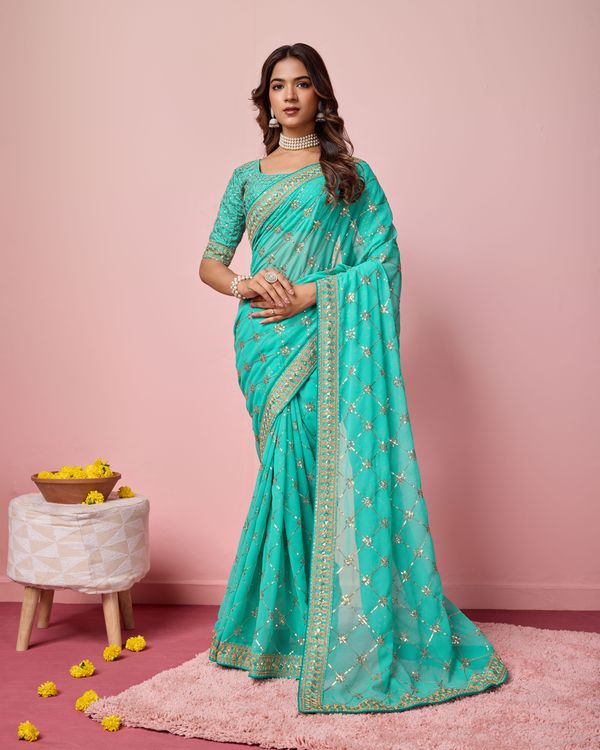 Sea Green Designer Coding & Sequance Embroidery Work Georgette Saree
