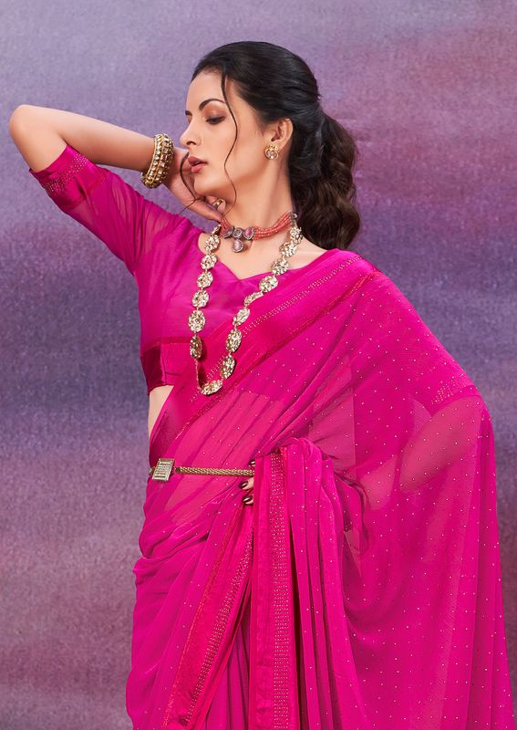 Burnt Pink Wevon Patta Designer With Swarovski Work Chiffon Saree