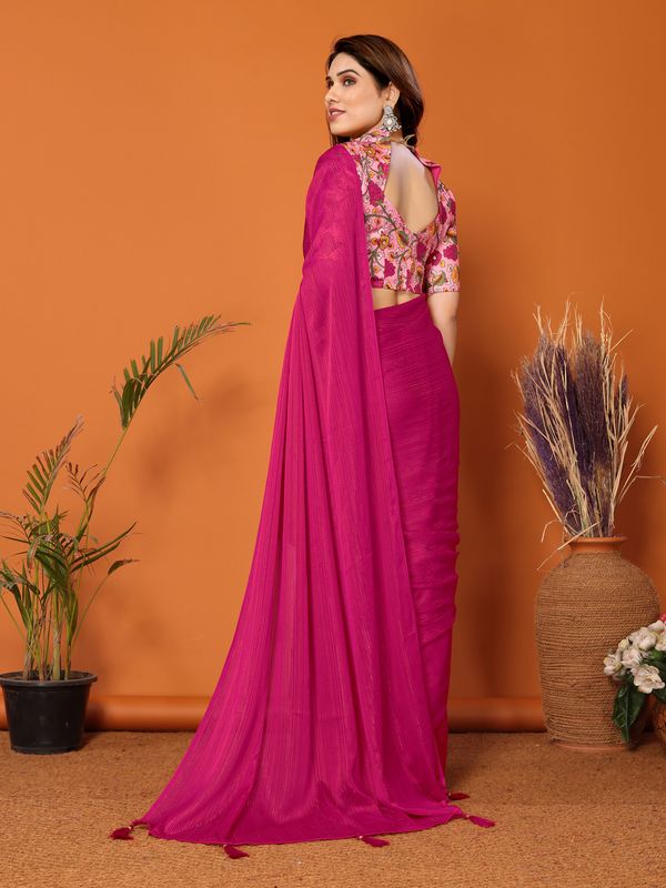 Pink Solid & Digital Printed Blouse Polyester Zari Saree