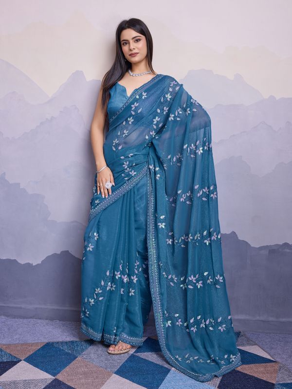 Cyan Blue Shimmer Chiffon Designer Sequance Embroidery Work Heavy Partywear Trendy Fashion Saree
